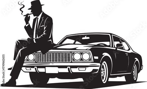 Silhouette man in fedora and suit smoking cigar sitting on vintage car