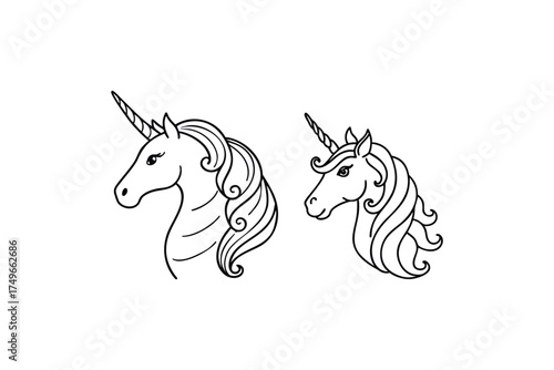 Two elegant unicorn heads gracefully depicted in black and white line art
