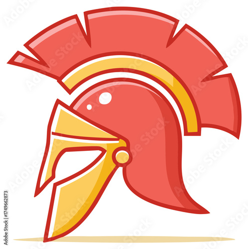Stylized red and yellow ancient Roman or Spartan warrior helmet illustration depicting historical strength and protection icon