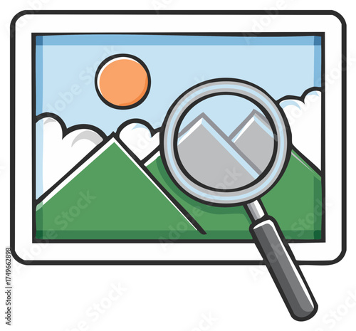 Magnifying Glass Zooming In On Mountain Landscape on Tablet