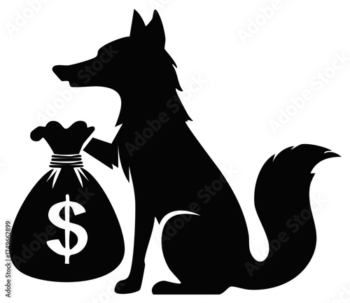 Fox silhouette holding a money bag with dollar sign. Financial concept, animal character.