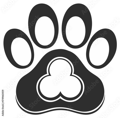 Stylized graphic illustration of an animal paw print in black and white symbolizing pets love and care