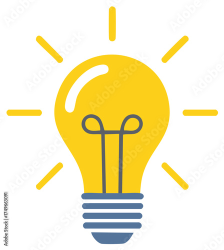 Bright yellow light bulb concept with radiating light beams symbolizing ideas and innovation