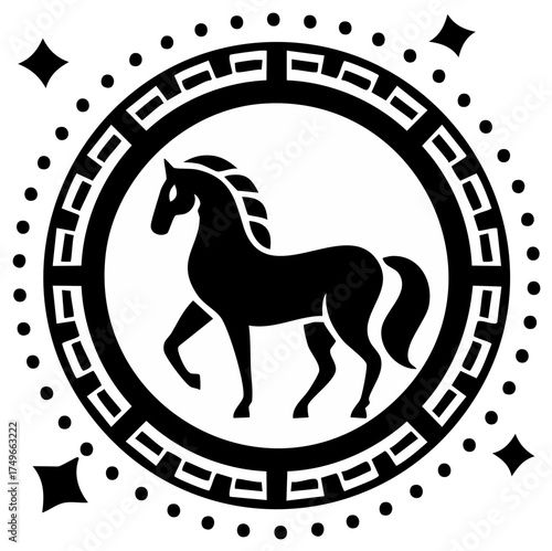 Prancing Horse Silhouette in an Ornate Circular Medallion Black and White Vector Icon