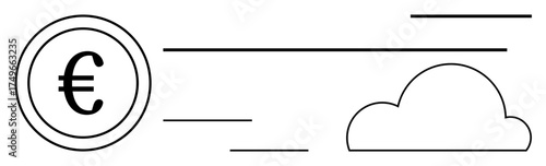 Euro sign with fast-moving lines and a cloud element. Ideal for finance, economy, technology, online payment, data transfer, e-commerce, global trade. Minimalist flat metaphor
