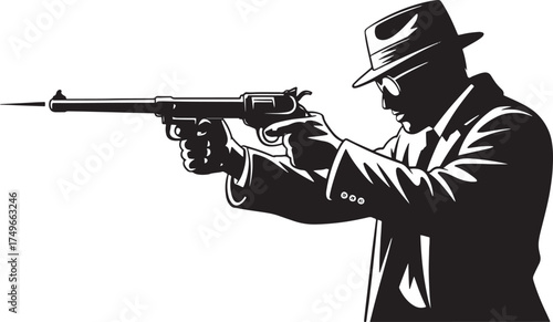 Silhouette of a man in a fedora and suit aiming a handgun