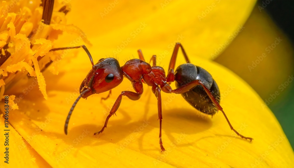 Naklejka premium Ant on a Yellow Flower Closeup.