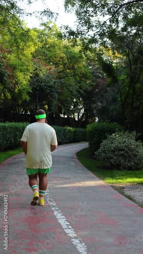 Vertical 4K street video. Back view. Fat white man with headband on head, green shorts, t-shirt, yellow sports sneakers runs on red treadmill in city park. Concept of warming up, fitness day, sport