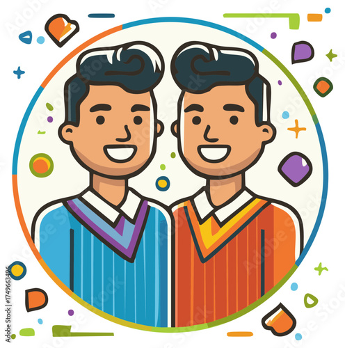 Happy young twin men smiling together vector illustration with colorful confetti