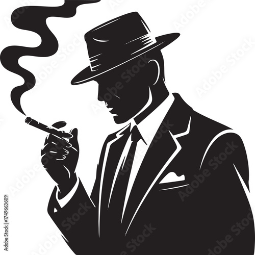Silhouette of a man in a fedora smoking a cigar vector