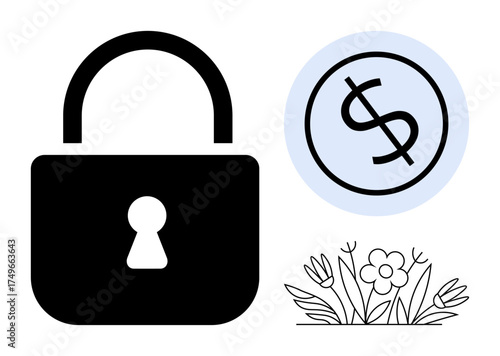 Black padlock emphasizes security, dollar sign represents financial safety, flower symbolizes growth. Ideal for finance, security, growth, protection, investment eco-awareness and trust. Clean flat
