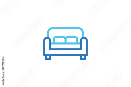 Simple blue line icon depicting a comfortable and modern sofa design