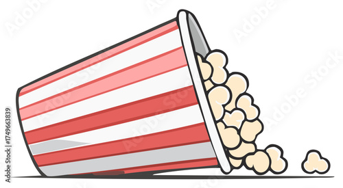 Spilled striped popcorn bucket with kernels scattered on a flat surface cartoon illustration