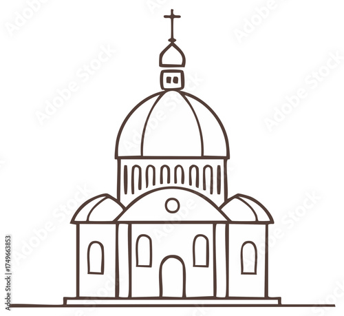 Simple Line Drawing of a Traditional Church Building with a Dome and Cross