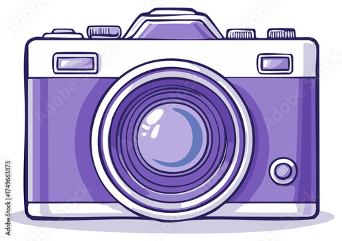 Charming purple retro camera with doodle style outlines a playful design element