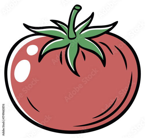 Illustration of a fresh tomato with a juicy red appearance and vibrant green stem
