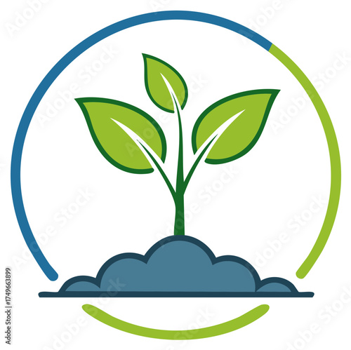 Green seedling growing from soil within a dynamic blue green circular growth cycle symbol