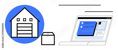 Warehouse icon, package box, and open laptop screen with logistics software interface. Ideal for logistics, inventory, supply chain, delivery, e-commerce operations and automation. Simple flat