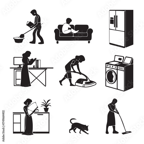 Black silhouette of people doing housework isolated on white background