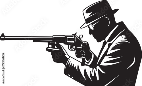 Silhouette of man in fedora aiming a revolver glasses