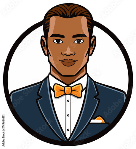 Cartoon Illustration of a Man in a Suit with a Bowtie and Handkerchief in a Circle
