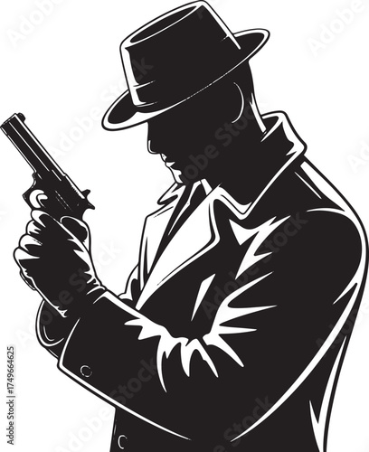 Silhouette of man in fedora and trench coat holding a handgun