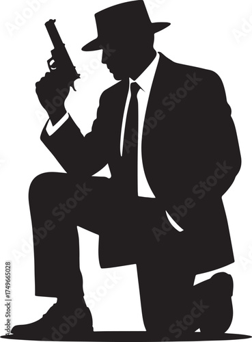 Silhouette of man in hat and suit holding gun kneeling