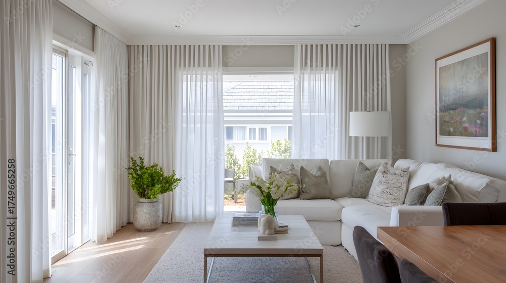 Fototapeta premium Bright airy living space with double American pleat curtains
