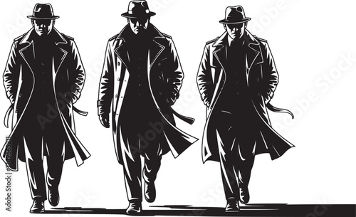 Three men in trench coats and fedora hats walking vector