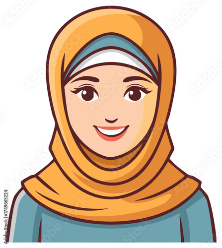 Portrait of a smiling young woman wearing a hijab in a flat illustration style