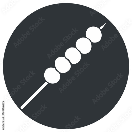 Simple flat design icon of meat balls on a skewer against a dark circle background