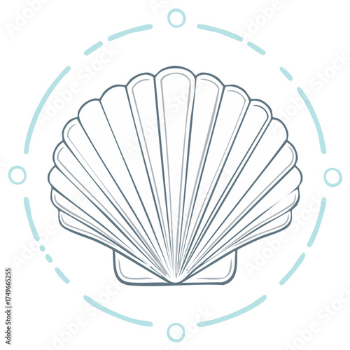 Minimalist scallop shell line art with decorative blue marine elements
