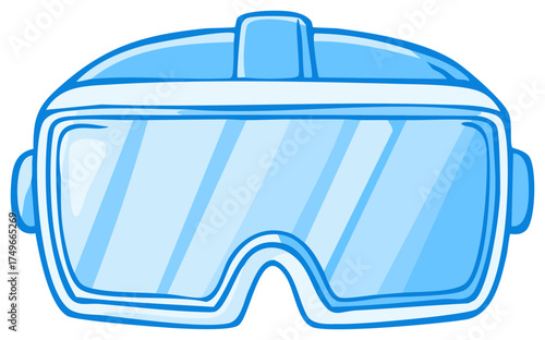 Cartoon illustration of ski goggles, snow goggles, or swim goggles in shades of blue.