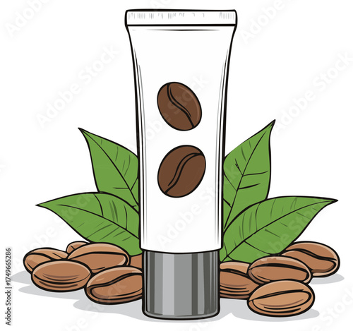 Cosmetic Tube Surrounded by Green Leaves and Coffee Beans for Beauty Products