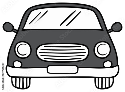 Cartoon gray vintage car front view with rounded headlights and grille design graphic