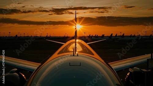 Stunning Airplane Silhouette at Airport During Sunset, Capturing Evening Sky, Clouds, and Essence of Travel and Adventure
