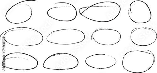 Hand drawn crayon ovals and circles. Ellipses pencil doodle style set. Red round rough thin frames. Round freehand shapes, emphasis highlights. Vector elements for hand drawn diagrams