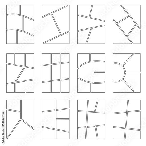 Manga book frame and comic template panels on white background. Page with grid for magazine photo and images. Mosaic storyboard. Vector empty vertical board.