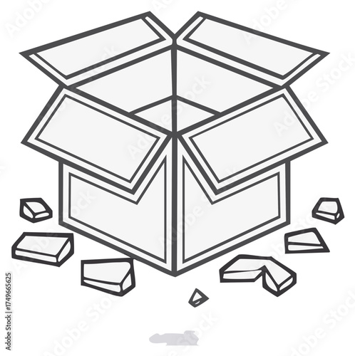 Open Empty Cardboard Box Line Art Drawing with Scattered Broken Pieces Minimalist Style