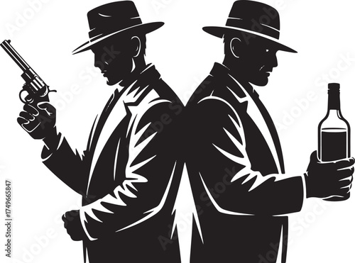 Two men in fedoras one holding a gun the other a bottle
