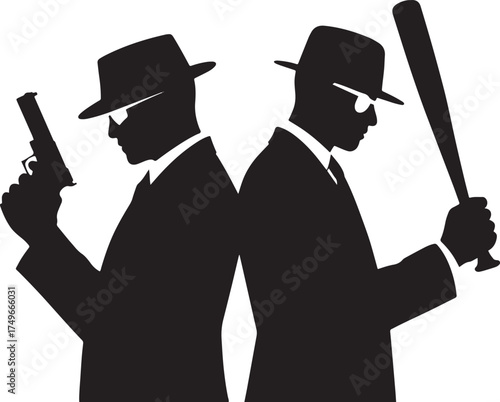 Two men in silhouette one holding a gun the other a baseball bat
