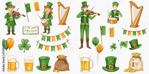 St. Patrick's Day celebration elements with musicians, flags, shamrocks, beer, and gold coins.