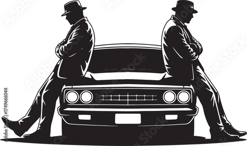 Two men in hats leaning on classic car trunk vintage car