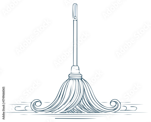 Outline Illustration of a Mop Cleaning a Floor with Swirling Dust and Debris