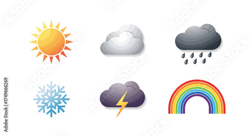 A comprehensive vector icon set depicts weather forecast symbols like sun, cloud, rain, snow, and storm for climate and meteorology illustration