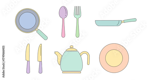 A vector illustration of a set of kitchen cutlery including fork, knife, and spoon icons for restaurant menu design