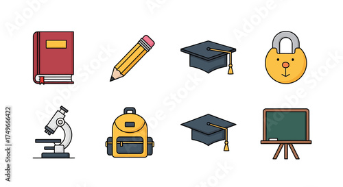 School education vector icon set: book, pencil, map, and computer symbols for web design illustration