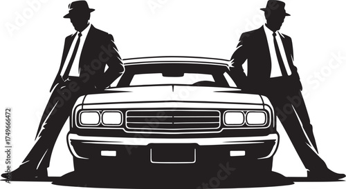 Two men in suits and hats leaning on a classic car