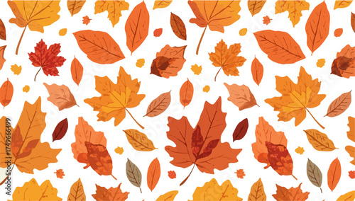 Vector design of A vibrant fall leaf pattern in a flat design style, featuring a variety of colorful leaves in shades of orange, yellow, red, and brown