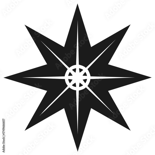 Symmetrical eight pointed star vector illustration, navigation compass design.